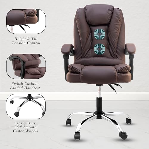 Image of NORMAN JR Italia Premium Leatherette Office Chair for Work | Boss Chair, Ergonomic Executive, Luxurious Cushioned Arms & Seat, 2 Point Back Massager, Heavy Duty Metal Base (Brown)
