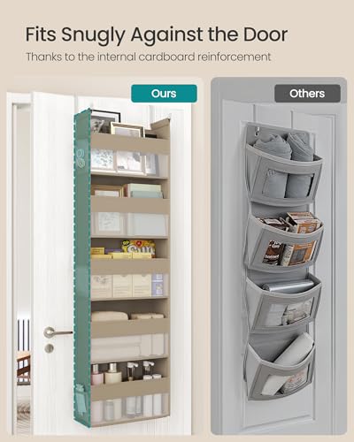 SONGMICS Over The Door Organizer, Hanging Door Organizer with 5 Large Pockets, 5-Tier Fabric Storage, Transparent Nylon Mesh, Foldable, Metal Hooks, with Side Pouches, Summer Sand URDH007Y01 image 4