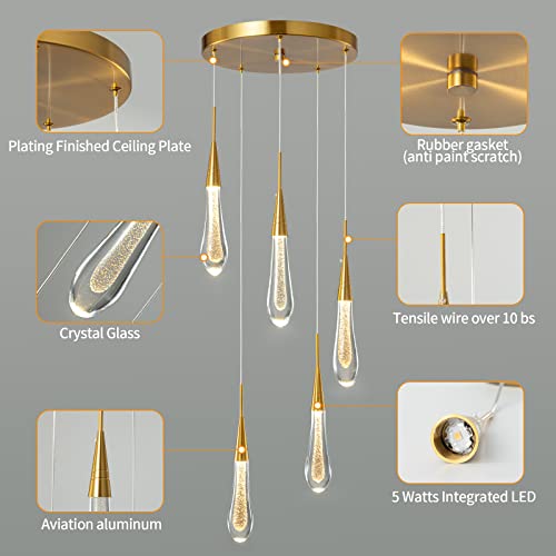 LMQNINE Kitchen Light Fixtures Ceiling Dimmable LED Modern Gold Pendant Light Mini Teardrop Crystal Pendant Light for Kitchen Island Bedroom Hallway Entryway (5-Light) - Image 5