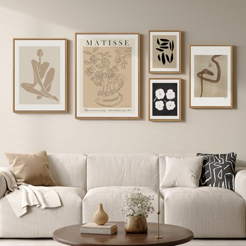 Large Framed Matisse Abstract Wall Art Set of 5, Neutral
