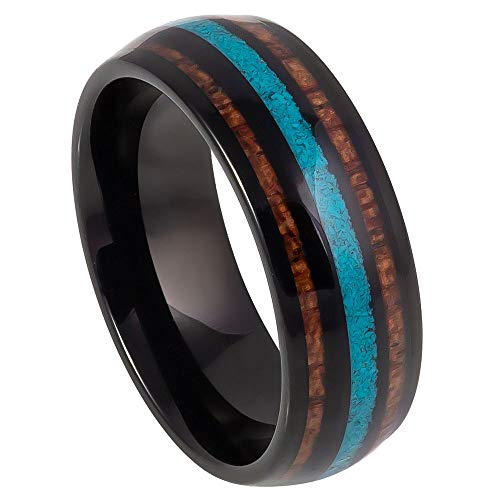 Black Or Yellow Tungsten Alternating Koa Wood And Crushed Turquoise Domed Ring