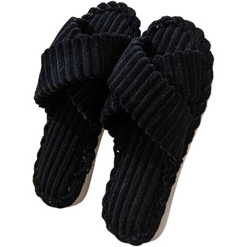 Image of SILENCIO Slippers for Women House Bedroom Furry Cross Bands Slide Shoes Anti-Skid Sole Open Toe Slippers Indoor & Outdoor