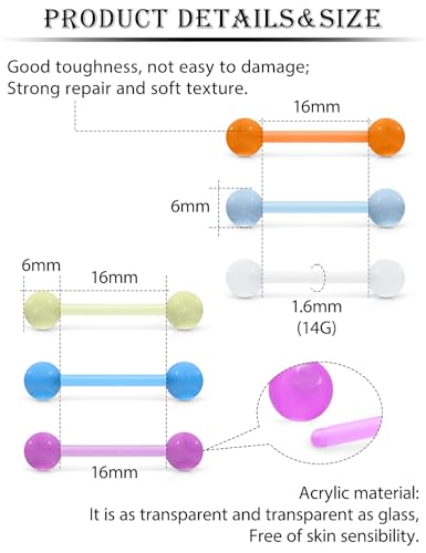 14G Glow in Dark Flexible Acrylic Tongue Rings Plastic Nipple Rings for Surgery Straight Barbell Tongue Nipple Piercing Jewelry for Women Men 16mm Bar Length4
