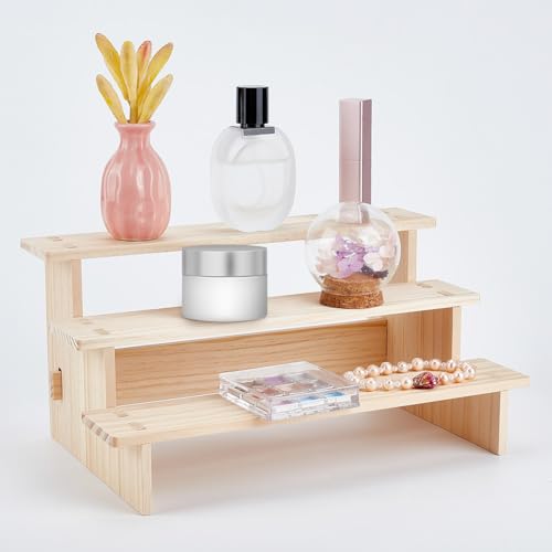 NBEADS Prateleira de elevação de madeira de 3 nível, suporte de mesa pequeno para alimentos, elevadores de exposição de maquilhagem para fragrância, branco antigo, 29,6 x 17,9 x 14,2 cm