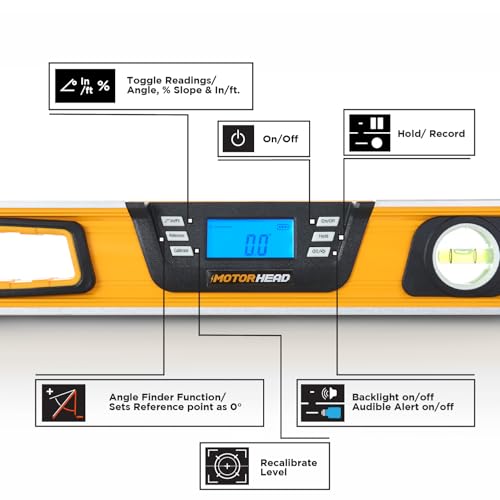 Image of MOTORHEAD 24-Inch 0-180 Smart Digital Level, LCD Screen, Magnetic Bottom | Audible Alerts, Water Dust & Shock Resistant, High-Visibility, Solid-Milled Aluminum, Carrying Bag, Carpentry Masonry Framing