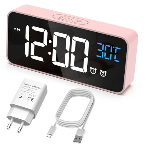 HERMIC Digitaler Wecker, Nachttischwecker mit Temperatur, Digitaluhr mit 2 Alarmen, Snooze, 4 Helligkeitsstufen, Sprachsteuerung, USB Aufladung, 12/24 Stunden System (weiß) (rosa)