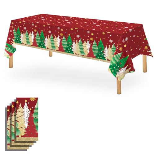 OQOQ Disposable Christmas Tablecloth (Red, 3 Packs), 108"x54" Red Christmas Party Decorations Table Cloth Plastic Table Cover for Buffet Picnic Dinner Centerpieces Decor