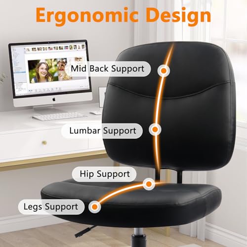 Image of CLATINA Armless Home Office Chair, Small PU Leather Ergonomic Low Back Desk Chair with Lumbar Support and Wheels, Adjustable Height 360 Swivel Rolling Computer Task Chair, Black, 6 Pack