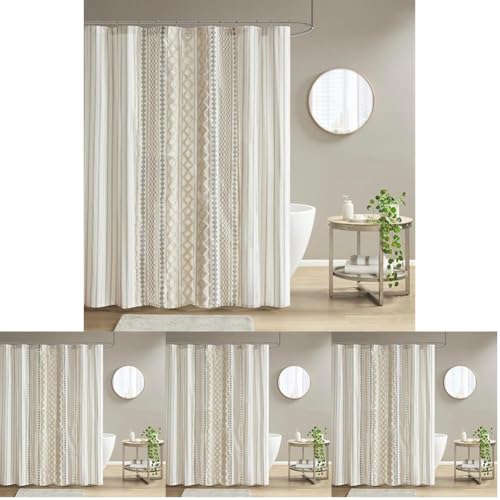 Image of INK+IVY Imani Tufted Chenille 100% Cotton Shower Curtains Machine Washable, Modern Home Bathroom Decor Bathtub Privacy Screen, 72 inch W x 72 inch L, Ivory (Pack of 4)