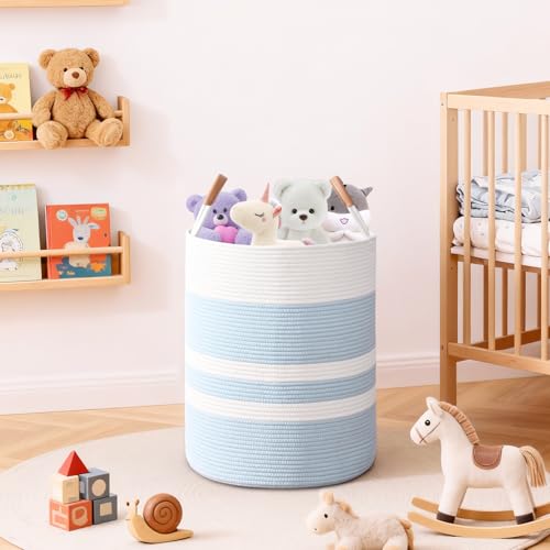 Image of Large Laundry Basket, Laundry Hamper with Leather Handles, 90L Woven Dirty Clothes Hamper, Rope Hampers for Bedroom, Barthroom, Blue