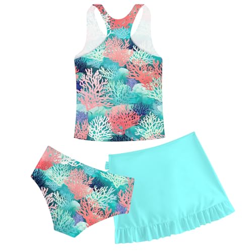 Girls Swimsuits 3 Piece Tankini Bathing Suit Set Cute Bikini Swimwear with Cover Ups Beach Skirt 5-16 Years