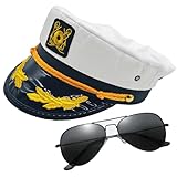 PEWHAUL Embroidered Captain Hat & Sunglasses Set, Adjustable White Sailor Cap with Retro Eyewear for Halloween, Pirate, Cruise Costumes,Unisex Nautical Accessories