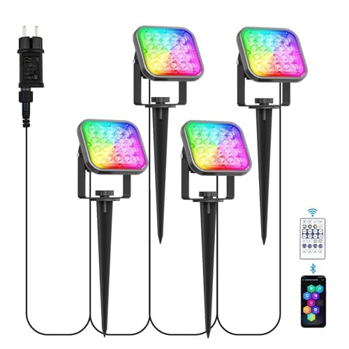 NATPOW Gartenbeleuchtung mit Strom, 4 Stück RGB Gartenleuchte mit Erdspieß, Farbwechsel Gartenstrahler mit Fernbedienung Bluetooth APP, IP65 Wasserdicht Gartenlampe für Garten Rasen Pfad Außen