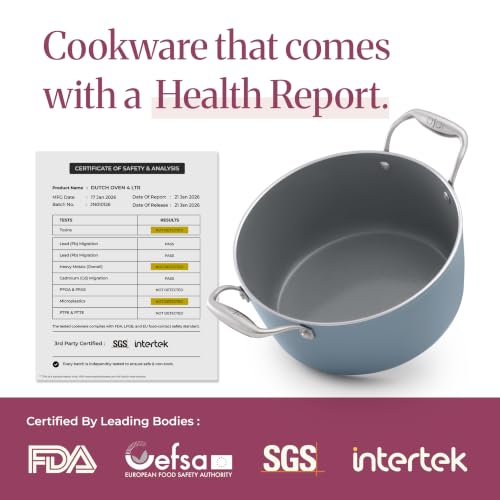 Image of Asai Ceramic Dutch Oven 24cm (4L) with Glass Lid & Silicone Spatula | Blue | Procera Swiss Ceramic Non-Stick Coating | Induction, Gas & Electric Compatible | Stay-Cool Handles | Lab Tested