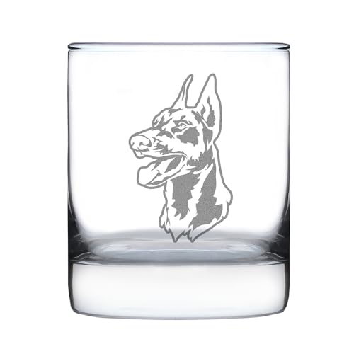 Doberman Face Whiskey Rocks Glass - Unique Dog Themed Decor and Gifts for Moms & Dads of Pinscher Dobermans - 10.25 Oz
