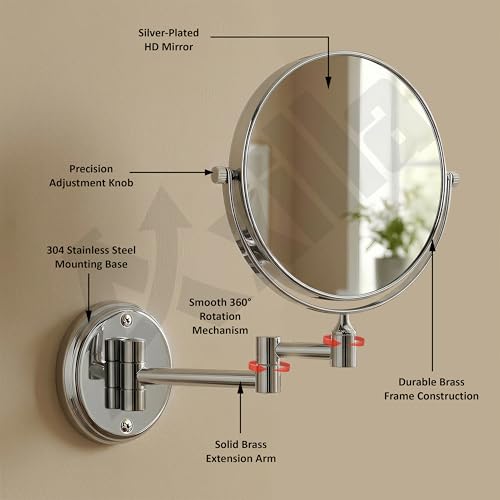 Image of Magnifying Mirror for Bathroom | 5X & 1X Double Sided Makeup Mirror | Wall Mounted Mirror with 360 Rotation for Shaving & Makeup (Chrome)