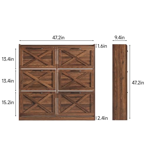 Image of Maupvit Large Shoe Storage Cabinet with 6 Flip Drawers, Freestanding Shoe Organizer with Metal Handles for Entryway, Narrow Shoe Rack Cabinet, Dark Walnut