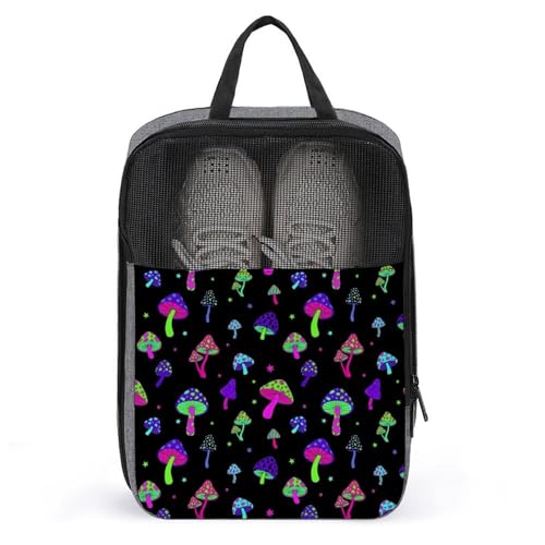 Men's Fashion Shoe Organizer for Travel, Rainbow Colorful Neon Mushrooms, Durable and Wear-Resistant with Large Capacity Shoe Pouch
