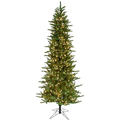 Fraser Hill Farm 9-Ft. Carmel Pine Slim Artificial Christmas Tree with White Incandescent Smart Lights and Stand, Prelit Foldable Fake Tree with Realistic Foliage for Home Decoration