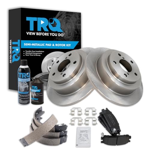 Image of TRQ Rear Brake Pad & Rotor Kit, with Chemical Kit Parking Brake Shoe Set Semi-Metallic Compatible with 1993-1999 Subaru Impreza 1995-1999 Legacy