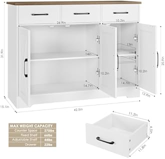 HOSTACK Modern Farmhouse Sideboard Buffet Cabinet, Barn Doors Buffet Storage Cabinet with Drawers and Shelves, Wood Coffee Bar with Storage for Kitchen, Dining Room, Living Room, White