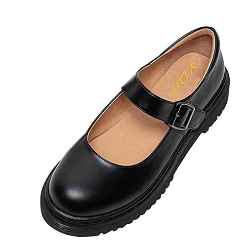 Ydn Women Round Closed Toe Mary Jane Flats Platform Adjustable Single Ankle Strap Buckle Comfy Pumps Leather Patry Cosplay Girls Dress Shoes Size 12 Black #TOP1