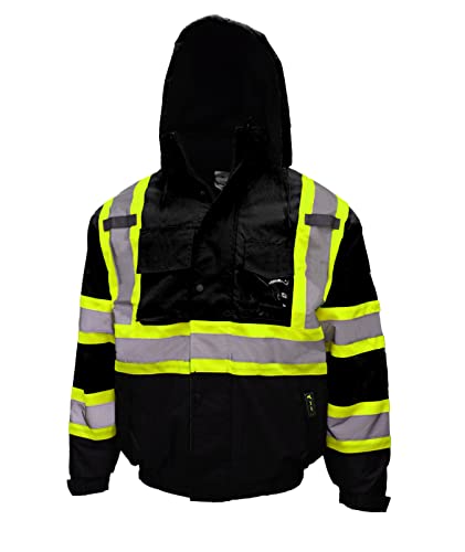 Troy Safety WJ9013 Men's ANSI Class 1 Safety Bomber Jacket with Detachable Hood, Reflective Tape, Black, (Extra Large l | 1 EA)