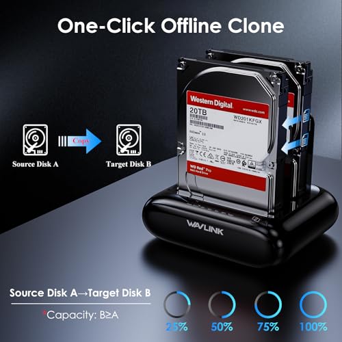 Wavlink Dual Bay External Hard Drive Docking Station Support 2x20TB, USB 3.0 to SATA I/II/III for 2.5 or 3.5in HDD, SSD with Offline Clone Function, supports UASP SATA 5Gbps - Image 2