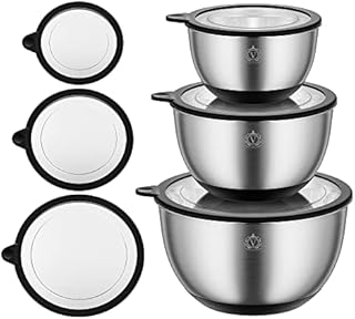 vancasso Mixing Bowl with Airtight Lids, Set of 3 Stainless Steel Mixing Bowl with Visible Lids, with Inner Measurement & Non-Slip Silicone Base, Home Essentials Cooking Salad Bowls - Black