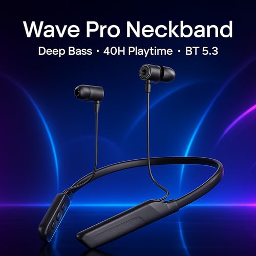Image of Wave P'R'O Bluetooth Neckband Earphones with 40H Playtime, BT 5.3, Passive Noise Cancellation, HD Mic, IPX5 Sweatproof- Black
