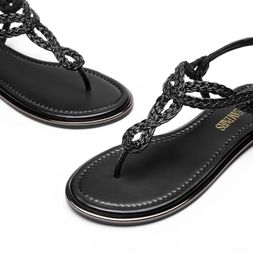 DREAM PAIRS DREAM PAIRS Women's Flat Sandals Dressy Summer Stappy Comfortable Ankle Elastic T-Strap Beach Thong Sandals,Size 7.5,All Black,SDFS2406W
