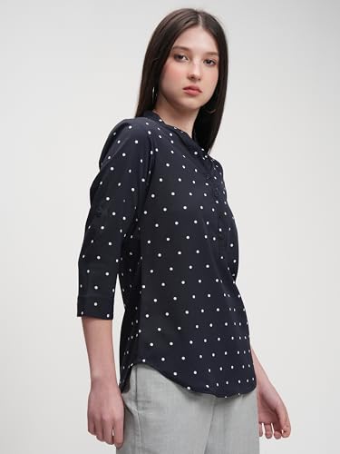 Image of Tokyo Talkies Women's Polka Dots Mandarin Collar Top | Roll-Up Sleeves | Smart & Casual | Perfect for Work & Everyday Chic | Tops for Woman | Women Tops | Stylish Top