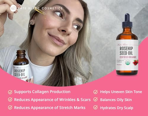 Kate Blanc Cosmetics Rosehip Oil for Face & Skin (1 oz) USDA Organic Rosehip Seed Oil for Gua Sha Massage & Essential Face Oil. 100% Pure, Cold Pressed Rose Hip Oil for Acne Scars & Facial Oil