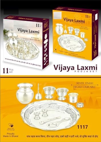 Silver Plated Vijaya Laxmi Pooja Set - 11 Piece Handcrafted Pooja Thali and Accessories
