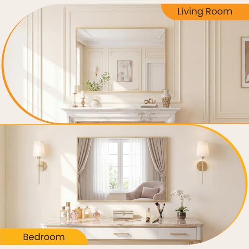 Image of Sweetcrispy Bathroom Mirror for Over Sink, 30 inch x 40 inch Rectangle Wall Mount Mirrors with Metal Frame, Modern Vanity Mirror with Tempered Glass, for Home Decor, Anti-Rust, Gold