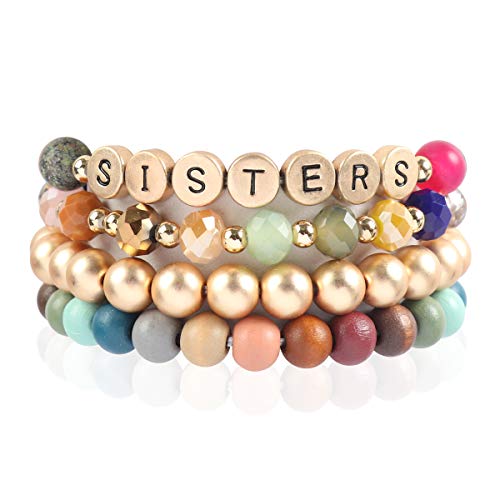 Inspirational Multi Layer Bead Stacking Strand Stretch Statement Bracelets - Religious Message, Boho Wood Slip-On Cuff Christian Prayer Bangle Set (Lettering Stone & Wood Mix - Sisters/Multi) #TOP28