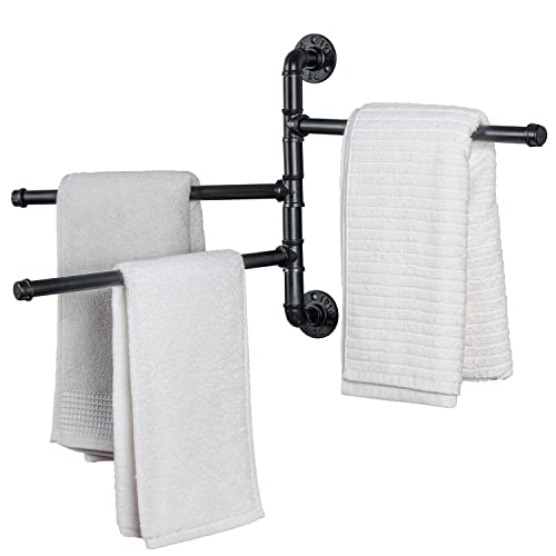 MyGift Wall Mounted Bathroom Towel Rack, Black Metal Industrial Pipe Design Swivel 3 Bar Towel Rack
