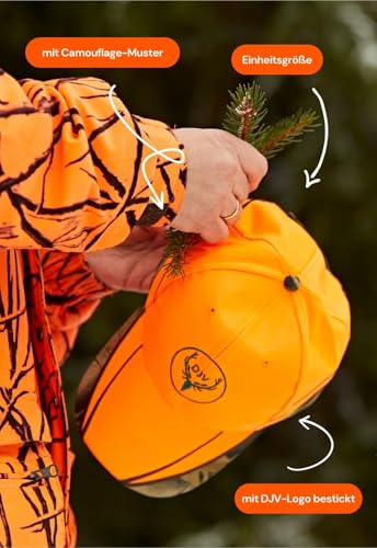 DJV Signalkappe Orange/Camo – Jagdkappe mit Tarnmuster und Signalfläche – hohe Sichtbarkeit bei der Jagd – verstellbare Kappe für Jäger und Hundeführer