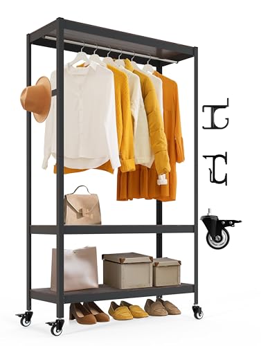 HOMEDANT Heavy Duty Boltless Rolling Garment Rack with Wheels Shelf Adjustable Metal Shelving Hanging Clothes Storage Portable Wardrobe Clothing Shelves Black 1 Rod