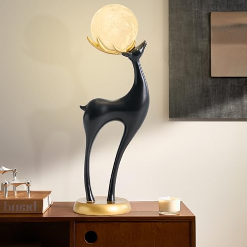 Lámpara de pie ciervo moderno 30" con estatua de resina negra y luz LED miniatura 7