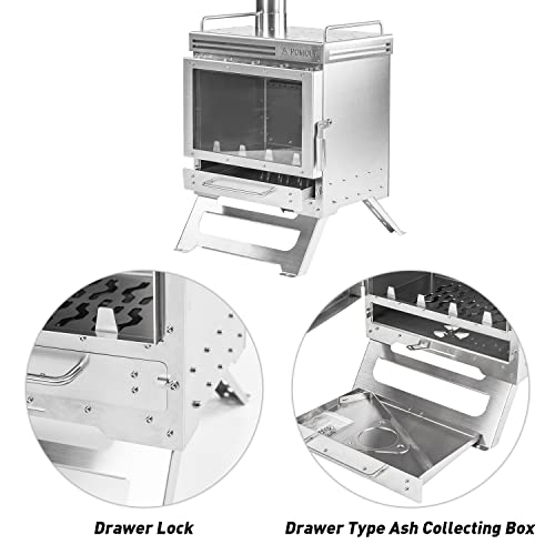 POMOLY Camping Tent Stove Wood Burning Stove, Dweller Max 2.0 Stainless Steel Wood Stove for Outdoor Fireplace Hiking Hunting