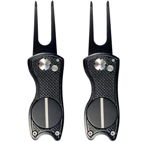 Against The Grain 2 Pack Golf Divot Tool 5-in-1 Black Metal Golf Divot Repair Tool with Magnetic Alignment Ball Marker for Golf Accessories for Men