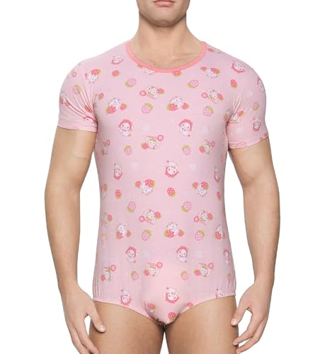 Mens Short Sleeve Bodysuit One Piece Pajamas Onesie Romper Jumpsuit Snap Button Underwear Pink Cartoon Print3