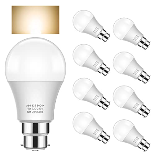 Eterbiz Ampoules LED Standard Culot B22, A60 9W équivalent 60W, Blanc Chaud 3000K, Non-dimmable, Lot de 8