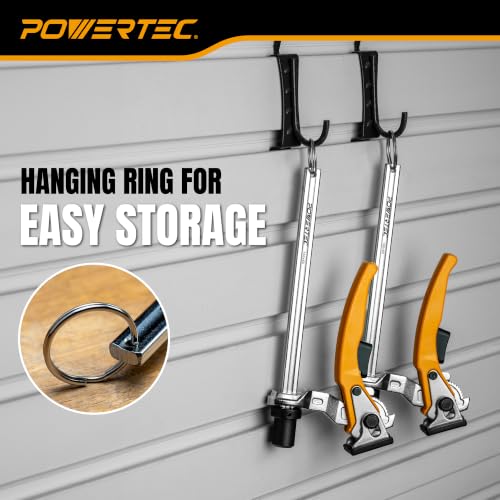 Image of POWERTEC Woodworking Bench Dog Clamps, 2 PK, for 3 /4 inch Dog Holes (72452-P2) | Quick-release ratchet, 6-5 /16 inch clamping capacity, non-marring pads, ideal for MFT workbenches, routing & sanding
