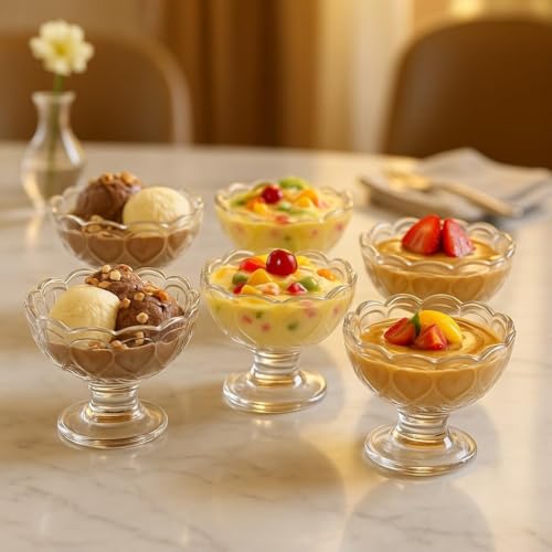 Image of MARTVIA 200 ML Ice Cream Bowl Set of 6, Glass Dessert Bowls Cups with Footed Base, Crystal Clear Serving Cups for Ice Cream, Pudding, Custard, Falooda, Sundae, Fruit Salad & Desserts