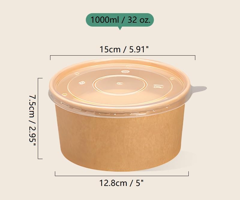 FOXHOLE 600 Sets 32 oz. Kraft Paper Food Containers Cold/Hot Soup Bowls with PP Plastic Lid