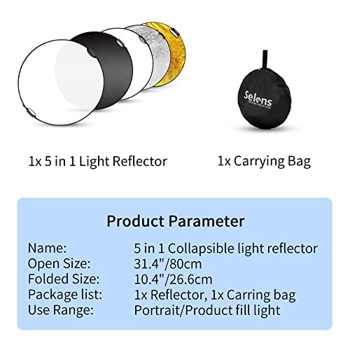 Selens 32 Inch (80Cm) Reflector Photography, Collapsible Light Reflector With Carrying Case, 5 In 1 Handle Reflector For Photography Photo Studio Lighting -Translucent, Silver, Gold, White And Black #TOP4