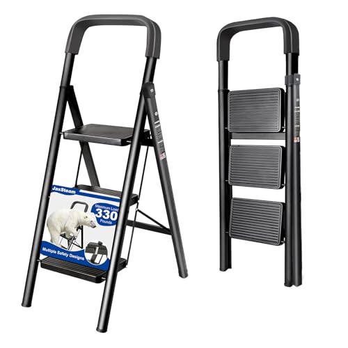 JaxSteam 3 Step Ladder with Handrails and Anti-Slip Wide Pedal 330lbs Capacity Lightweight Folding Step Stool for Home Kitchen Office(Black-F, 3-Step with Handrail) by JaxSteam - Used condition - US$33.85