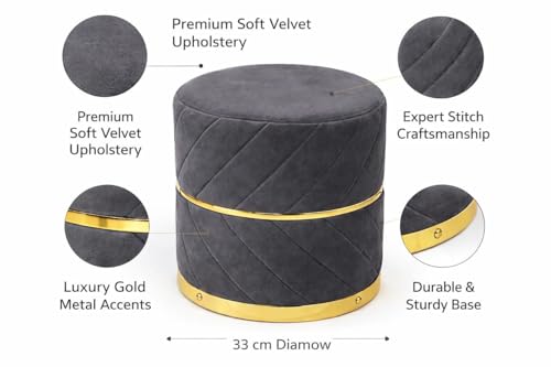 Image of Premium Velvet Puffy Ottoman Stool for Living Room | Round Footrest with Diagonal Channel Stitching & Gold Metal Base | Luxury Pouffe for Bedroom & Dressing Area (Black)